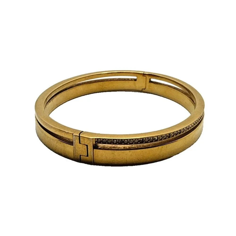 Michael Kors Gold Tone Crystal Rhinestone Bracelet Hinged Logo Bangle 7.5